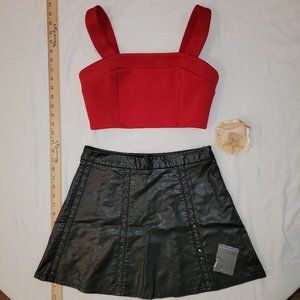 1 Red Crop Top and 1 Faux Leather Mini Skirt from Forever 21